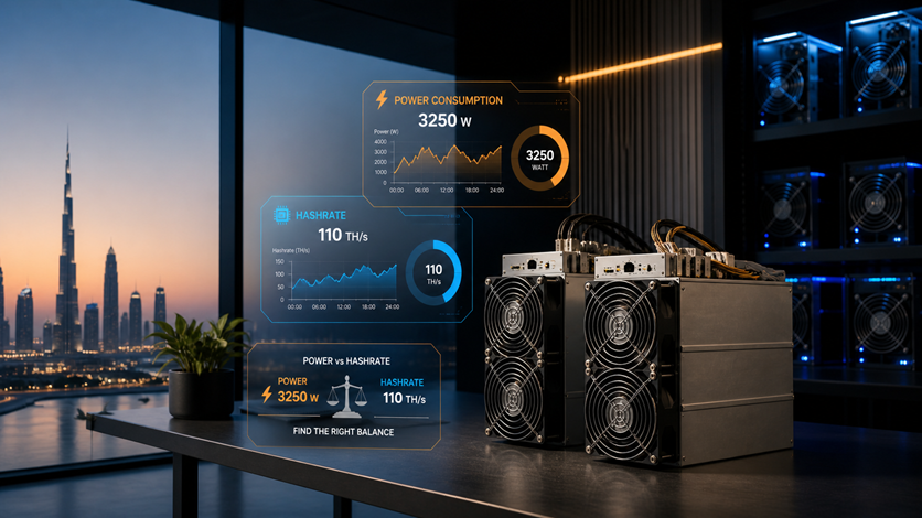 Crypto miner selection in UAE showing power consumption and hashrate comparison