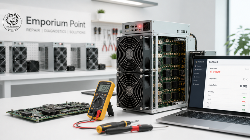 Crypto miner not working with error status and technician inspecting hardware in UAE