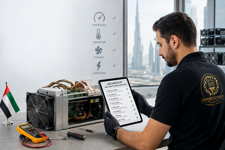 Used crypto miner inspection checklist in UAE showing hashboard and PSU testing