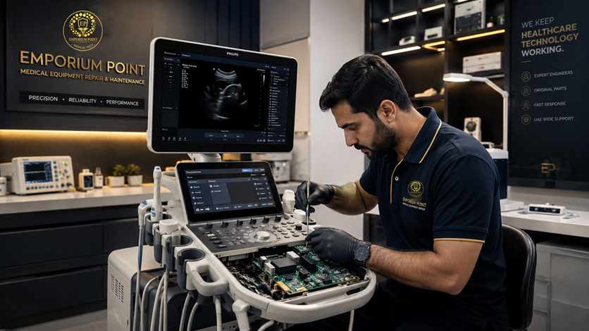 Biomedical engineer diagnosing an ultrasound machine issue in a UAE medical clinic