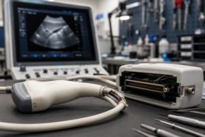 Damaged ultrasound probe cable requiring repair
