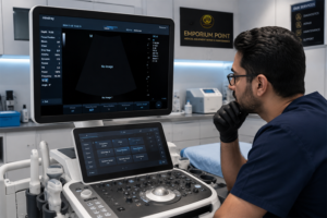 Biomedical technician performing diagnostics on portable ultrasound system using professional electronic testing tools, realistic medical repair laboratory, dark navy professional environment