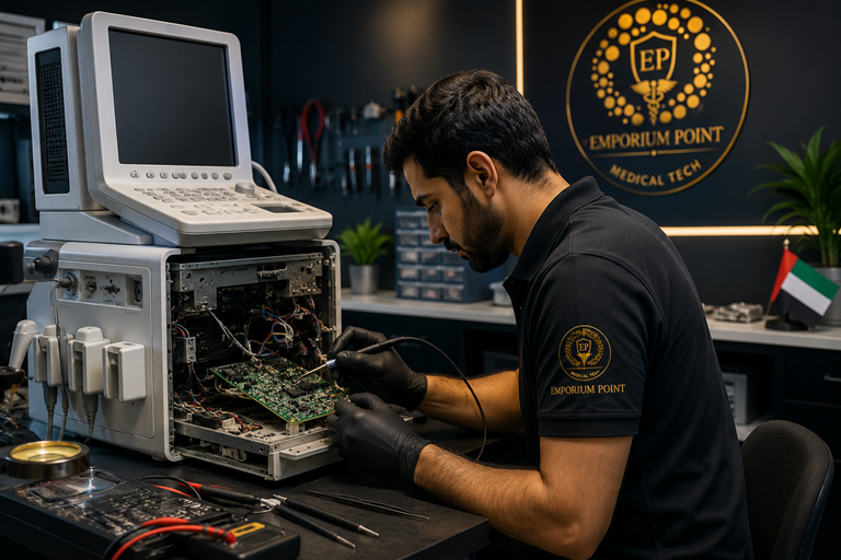Biomedical engineer maintaining an ultrasound machine in a UAE clinic