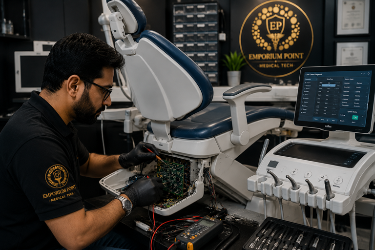 Biomedical technician repairing a dental chair control system