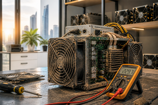 Overheated crypto miner in UAE environment with dust accumulation and cooling failure