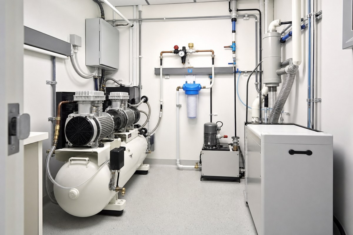 Dental compressor and suction system maintenance area