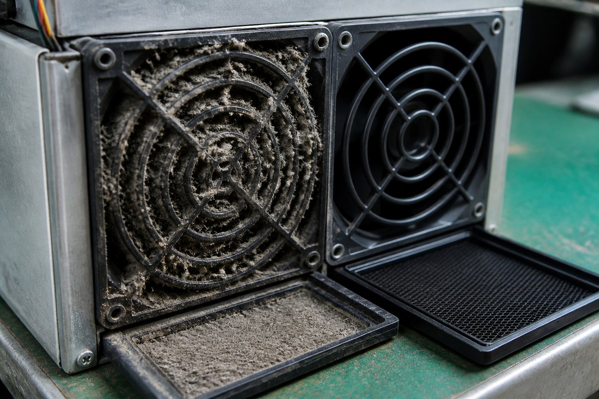 Dust buildup on ASIC miner fan intake